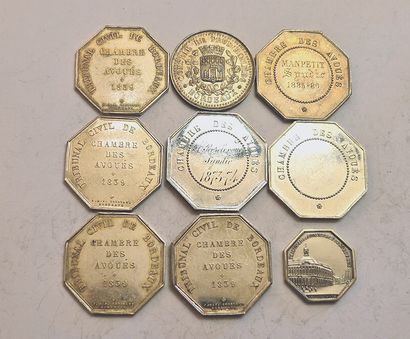 null Bordeaux. Civil court / Trade. Lot of 9 silver tokens. 25 to 36mm. SUP and ...