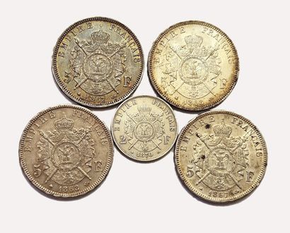 null Napoleon III. Lot of 5 coins : 5 Francs 1867 A (x2), 1868 A (x2), 2 Francs 1870...