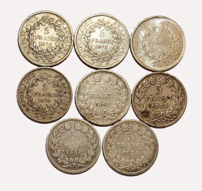 null Lot de 8 pièces de 5 Francs : Louis-Philippe (x4), Hercule (x4 dont 1872 A)....