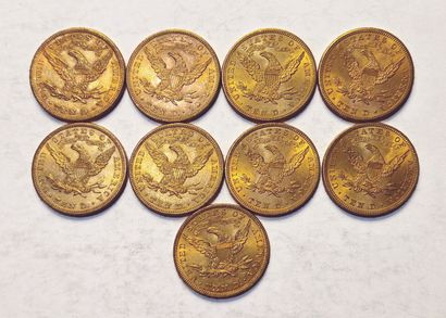 null USA. 9 pieces of 10 Dollars Coronet Head. Various dates and workshops. TTB to...