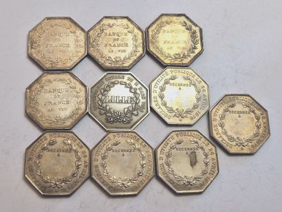 null Lot of 10 silver tokens: Banque de France (4 ex.), Société des Chasseurs (5...