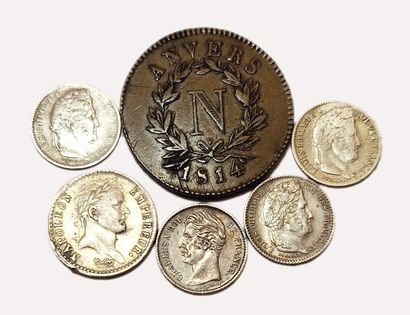null Lot of 6 coins : 5 Divisionnaires silver 19th c. (Nap.1er 1/2F 1811 T, Charles...