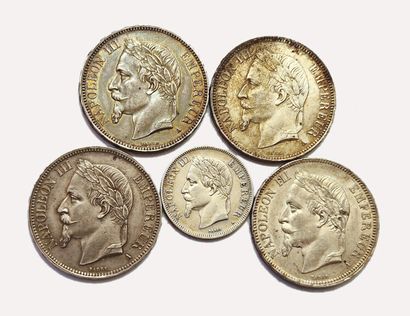 null Napoleon III. Lot of 5 coins : 5 Francs 1867 A (x2), 1868 A (x2), 2 Francs 1870...