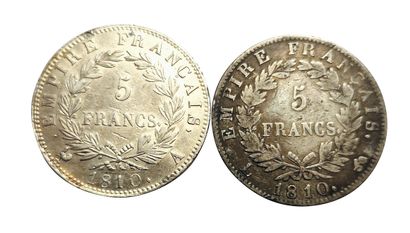 null 1er Empire. 2 monnaies : 5 Francs 1810 A et 1810 L(L à gauche). TTB+ et TTB