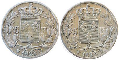 null Louis XVIII. 2 coins : 5 Francs 1823 Q and 1823 W. TB+ and TTB