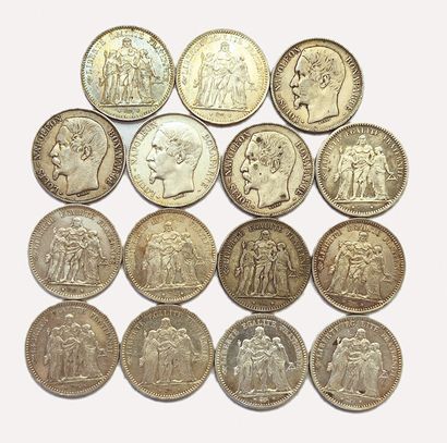 null Lot de 15 pièces de 5 Francs : Louis Napoléon 1852 A (x4), Hercule (x11, 1873...