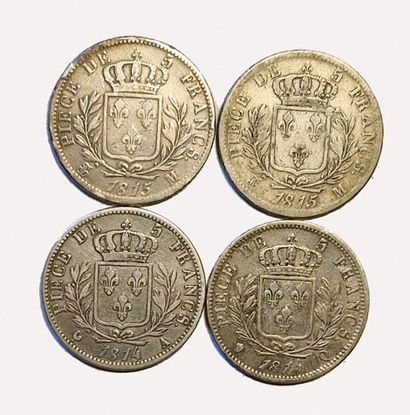 null Louis XVIII. Lot de 4 pièces de 5 Francs au buste habillé : 1814 A, 1814 Q,...