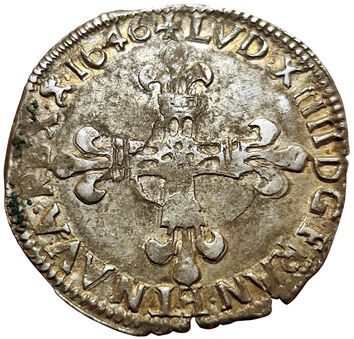 null Louis XIV. Quarter of an ecu. 1646 I. Limoges. 9,60grs. Gad.136 ( R ). TTB