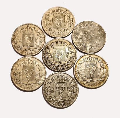 null Charles X. Lot of 7 coins of 5 Francs : 1826 A, 1827 W, 1828 B, 1828 D, 1828...