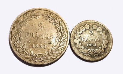 null Louis-Philippe. Lot of 2 coins : 5 Francs 1830 A, Without the I, Edge in relief...