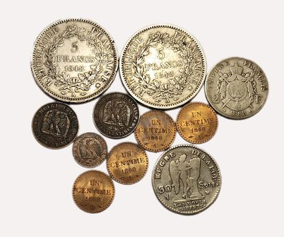 null Divers France : Lot de 12 monnaies : 30 Sols 1791 W, 5 Frs Hercule 1848 A (x2),...