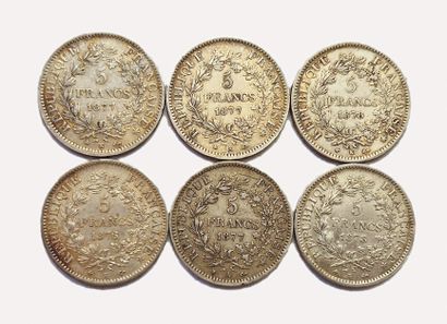 null Lot de 6 pièces de 5 Francs Hercule : 1877 A (x2), 1877 K, 1878 K (x3). TTB...