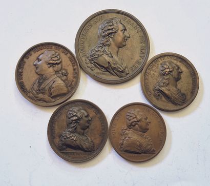 null Louis XVI. Lot of 5 bronze medals: Prix de l'Industrie (SUP, 72mm), Académie...
