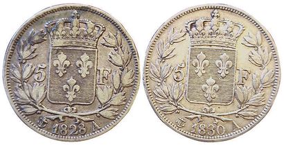 null Charles X. 2 monnaies : 5 Francs 1828 A et 1830 A (Tr. En creux). TB+