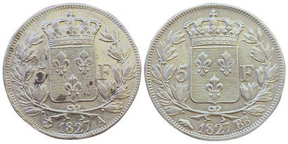 null Charles X. 2 coins : 5 Francs 1827 A and 1827 BB. TB+.