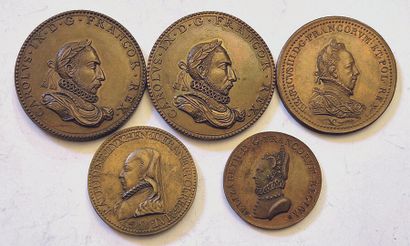 null Lot of 5 bronze medals, Refrappes 18th/19th c.: Henri III and Catherine de Medici...
