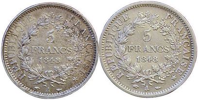 null 2 monnaies : 5 Francs Hercule 1848 A. Paris (2 ex.). TTB