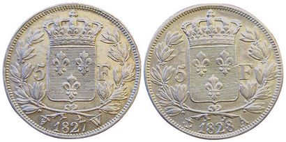 null Charles X. 2 coins : 5 Francs 1827 W and 1828 A. TTB