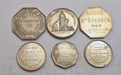 null Caisse d'Epargne. Lot of 6 silver tokens (Nantes, Rennes, Melle (2 different),...