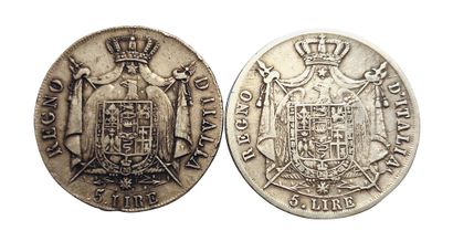 null 1er Empire. Royaume d'Italie. 2 monnaies : 5 Lire 1809 M et 1812 M. TB+