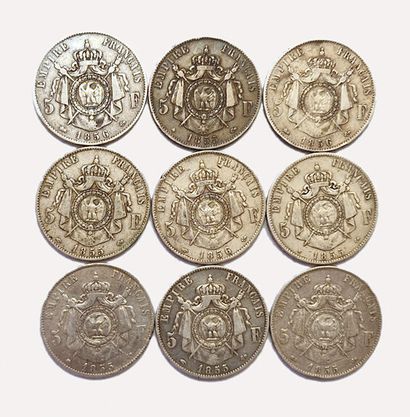 null Napoléon III. Lot de 9 pièces de 5 Francs Tête nue : 1855 A, 1855 BB, 1855 D,...