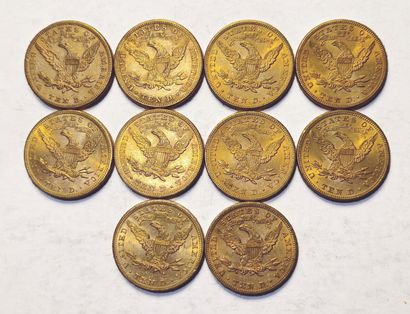 null USA. 10 pieces of 10 Dollars Coronet Head. Dates and various workshops. TTB...