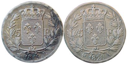 null Louis XVIII. 2 coins : 5 Francs 1819 B and 1820 A. TB+.