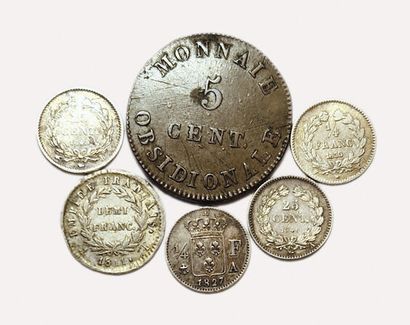 null Lot de 6 monnaies : 5 Divisionnaires argent 19e s. (Nap.1er 1/2F 1811 T, Charles...