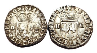 null Louis XIII. Lot of 2 quarter shields 1612 L and 1628 L. TB+.