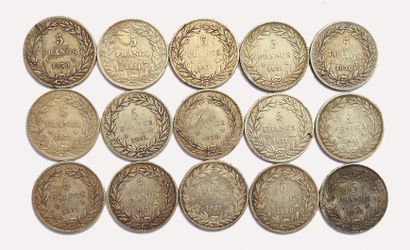 null Louis-Philippe. Lot de 15 pièces de 5 Francs Tête nue. Toutes différentes (Dates...
