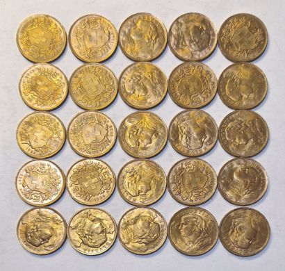 Switzerland. Lot of 25 pieces of 20 Francs....