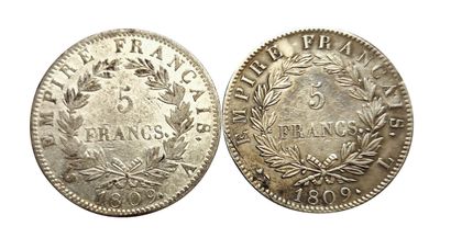 null 1er Empire. 2 monnaies : 5 Francs 1809 A et 1809 L. TTB