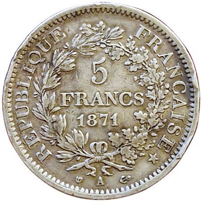 null The Commune. 5 Francs Hercules 1871 A. Paris. "Camelinat". Gad.744. 76404 ex....