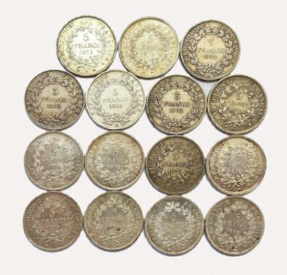 null Lot of 15 coins of 5 Francs: Louis Napoleon 1852 A (x4), Hercules (x11, 1873...