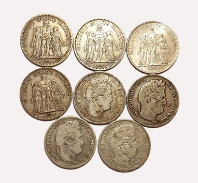 null Lot de 8 pièces de 5 Francs : Louis-Philippe (x4), Hercule (x4 dont 1872 A)....