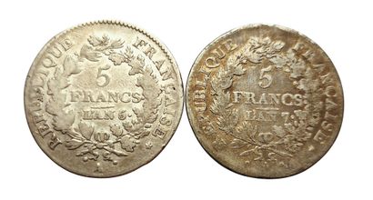 null Directoire. 2 monnaies : 5 Francs Union et Force An 5 A et An 7 A. TB et B+