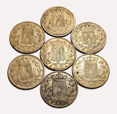 null Charles X. Lot de 7 pièces de 5 Francs : 1828 T, 1829 A, 1829 T, 1829 W, 1830...