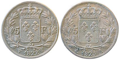 null Louis XVIII. 2 coins : 5 Francs 1822 W and 1823 A. TTB and TB+.