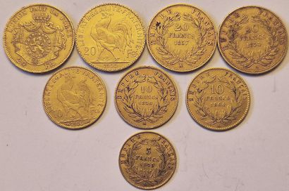 null France et Belgique. 8 monnaies : Belgique 20 Francs 1868, France 3 x 20 Francs...