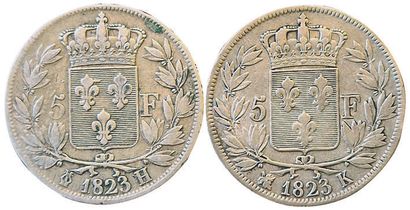 null Louis XVIII. 2 coins : 5 Francs 1823 H and 1823 K. TB