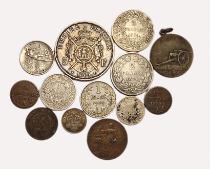 null Lot de 10 monnaies France. 5Frs 1868BB, 2Frs 1871A (2ex. Avec et sans leg.),...