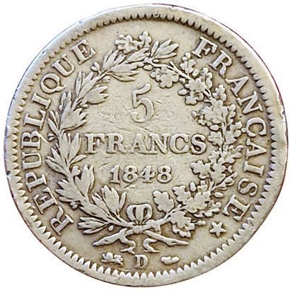 null 5 Francs Hercules 1848 D. Lyon. Gad.683. 146008 ex. Rare. TB