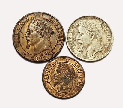 null Napoleon III. Lot of 3 coins : 1 Franc 1870 BB (SUP), 5 Centimes 1863 BB (SPL),...