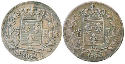 null Louis XVIII. 2 coins : 5 Francs 1824 D and 1824 I. TTB