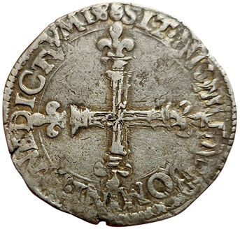 null Henri III. Quart d'écu. 1586 E. Tours. 9,70grs. Gad.495 (R3). 31727 ex. Rare....