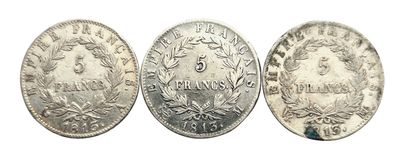 null 1er Empire. 3 monnaies : 5 Francs 1813 A, 1813 M, 1813 MA. TB+ et TTB