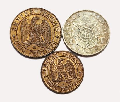 null Napoleon III. Lot of 3 coins : 1 Franc 1870 BB (SUP), 5 Centimes 1863 BB (SPL),...