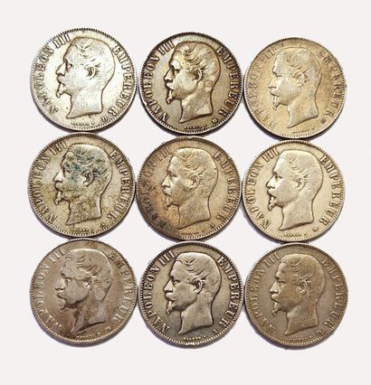 null Napoléon III. Lot de 9 pièces de 5 Francs Tête nue : 1855 A, 1855 BB, 1855 D,...
