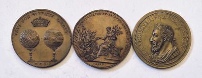 null François 1er. Set of 3 bronze medals, Refrappes 18th/19th c.: Medal with portraits...