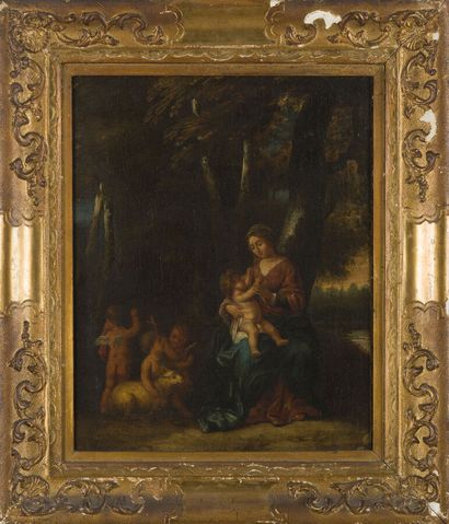 null ÉCOLE FRANCAISE VERS 1680
La Vierge à l'enfant avec saint Jean-Baptiste entourés...